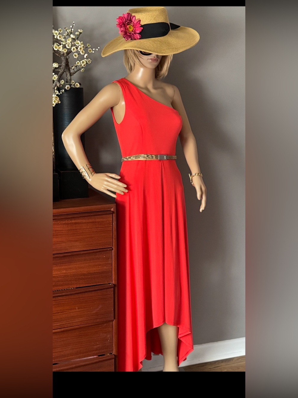 Vince Camuto One-Shoulder Coral-Red Maxi Dress